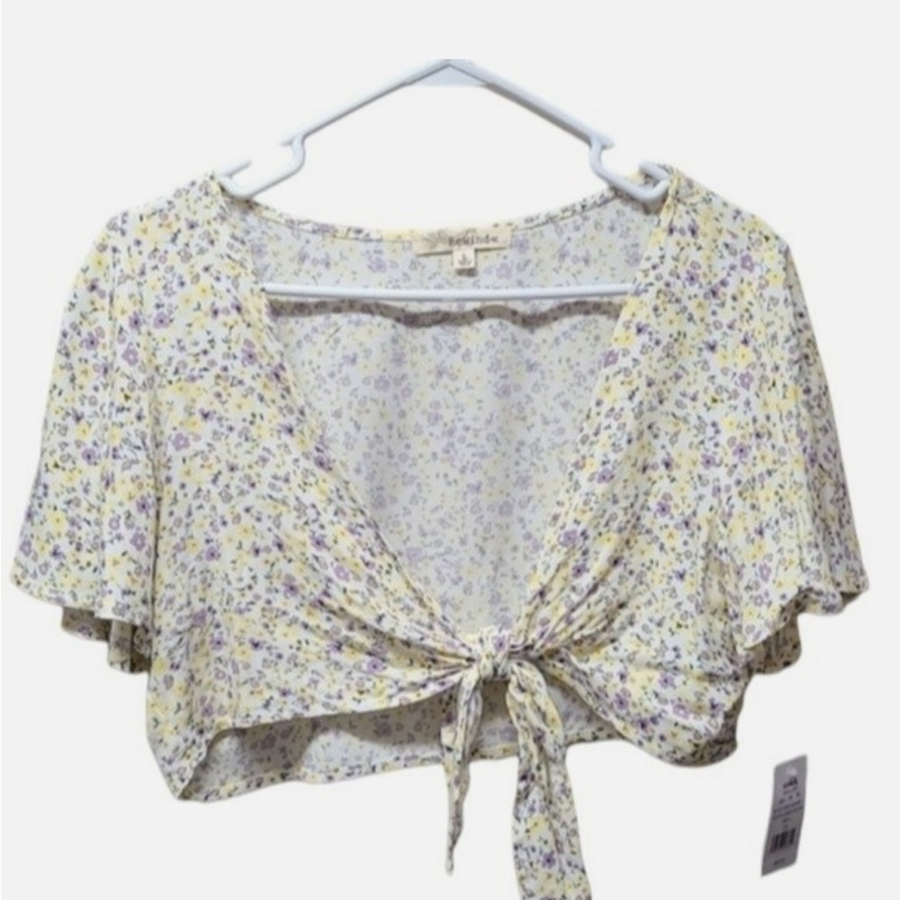 Rewind Flutter Sleeve Tie Front Blouse in Yellow and Gray - Picture 1 of 7